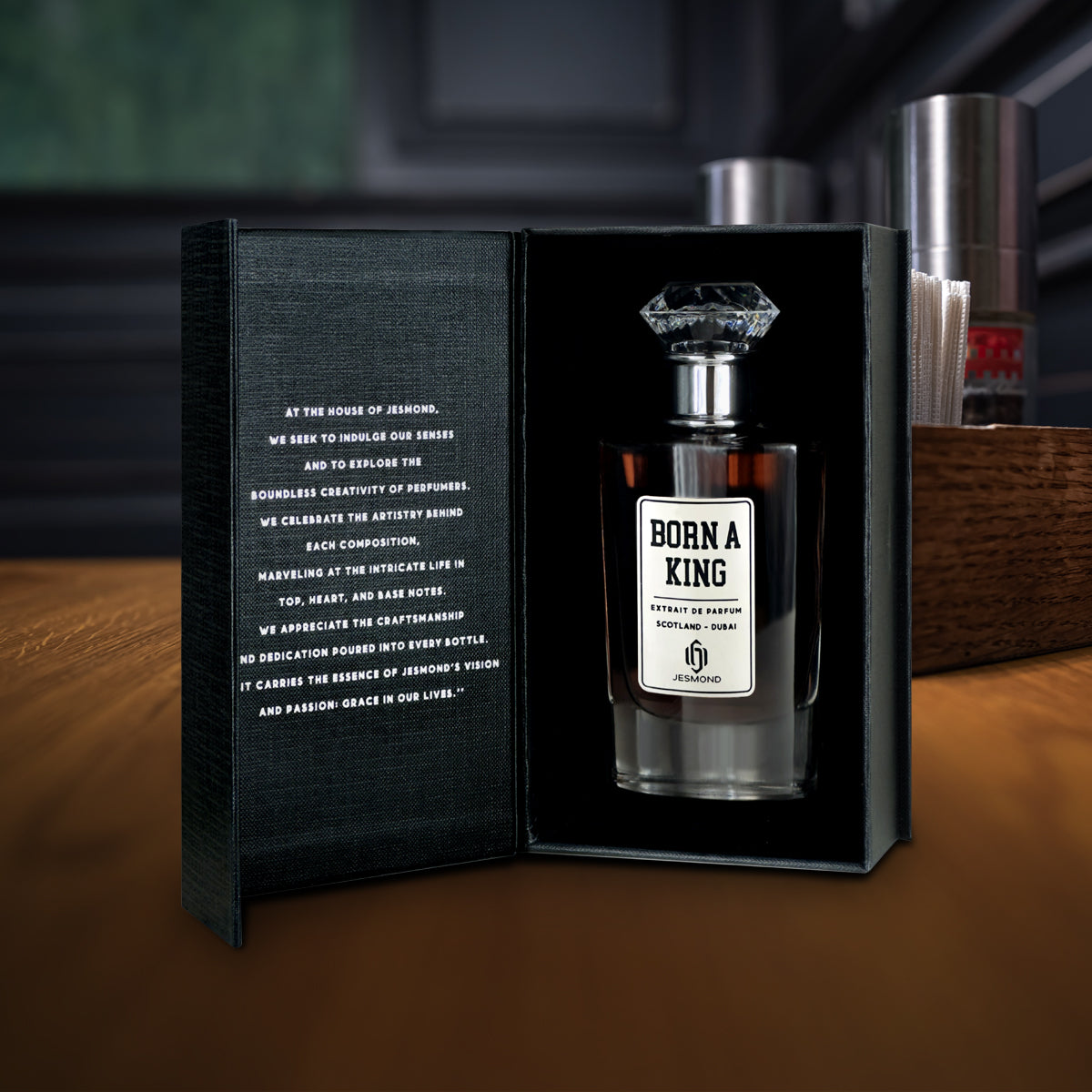 Born a King- Premium Fragrance Placed in Black Perfume Box Kept Open